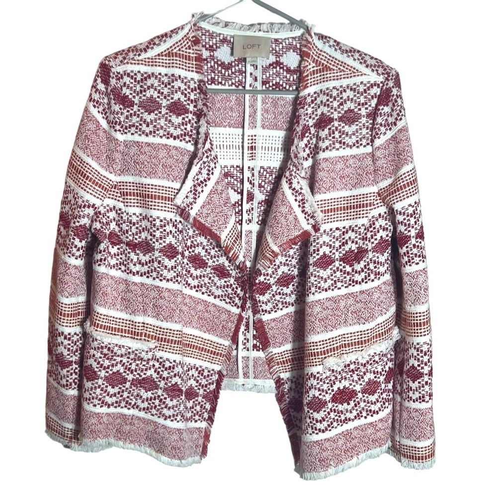 LOFT Ann Taylor Fiesta Woven Fringe Open Front Raw Hem Blazer Jacket, Size 14